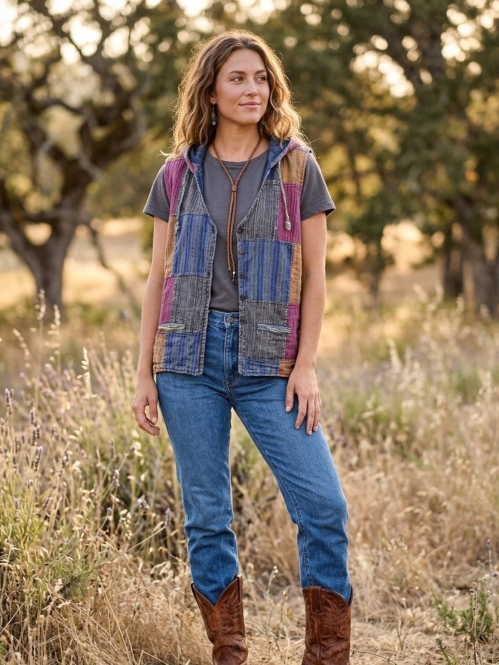 Shop Therapy 100% Cotton Patchwork Hooded Vest Boho Lagenlook Colorful Sz XL